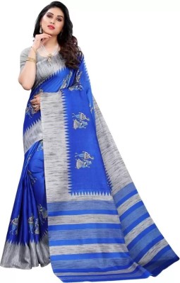 Grubstaker Printed Assam Silk Art Silk Saree(Light Blue)