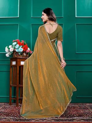 ANJAVI FASHION Solid/Plain, Embellished, Embroidered Bollywood Chiffon, Pure Silk Saree(Gold)