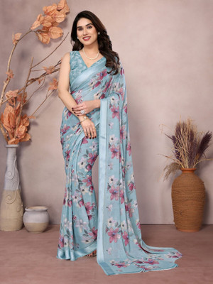 ROOP SUNDARI SAREES Floral Print Daily Wear Silk Blend Saree(Light Blue)