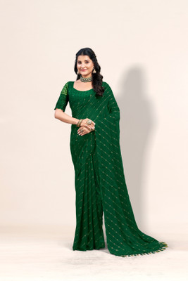 Sanskriti Synthetics Solid/Plain Handloom Chiffon Saree(Green)