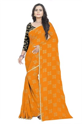 Desi Style Woven Bollywood Velvet, Chiffon Saree(Orange)