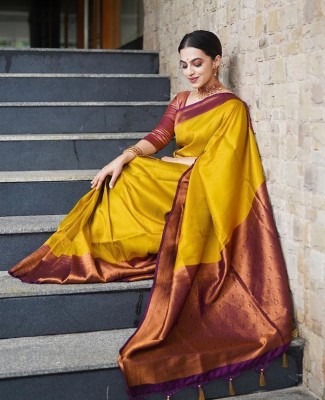 GajGajra Woven Kanjivaram Pure Silk, Art Silk Saree(Mustard, Maroon)