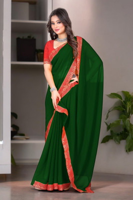 Kasumbo Tex Solid/Plain Banarasi Georgette Saree(Green)