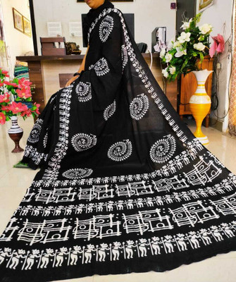 JAIPURI BLOCK PRINT Printed Daily Wear Pure Cotton Saree(Black, White)
