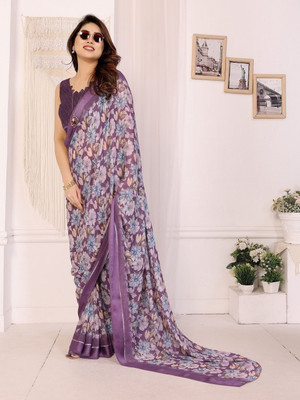 ROOP SUNDARI SAREES Floral Print Daily Wear Silk Blend Saree(Purple)