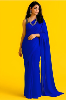 BS CREATION Solid/Plain Bollywood Georgette Saree(Blue)