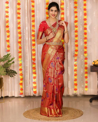 PHEASANT Woven Bollywood Silk Blend, Art Silk Saree(Red)