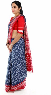 Divastri Blocked Printed, Color Block, Dyed, Floral Print, Printed Daily Wear Pure Cotton Saree(Blue)