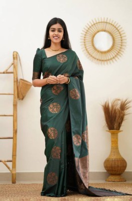 Pionex Woven Kanjivaram Silk Blend, Pure Silk Saree(Green)