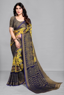 Emv Everymoment Vouge Printed, Floral Print Bollywood Brasso, Chiffon Saree(Yellow)