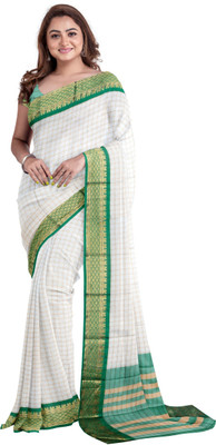 Juhi Collection Checkered Bollywood Linen, Cotton Silk Saree(White, Green)