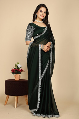 JIVI CLOTHING Embroidered, Solid/Plain Bollywood Chiffon Saree(Dark Green)