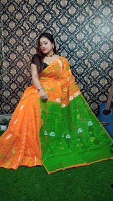 Krishneshwari Floral Print, Woven Jamdani Pure Cotton Saree(Orange, Green)