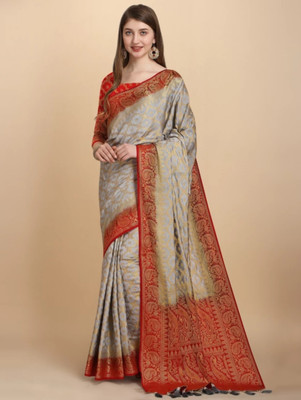RudraNX Printed Banarasi Jacquard Saree(Grey, Red)