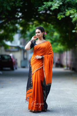 PARAMPARA CREATION Woven, Self Design, Embroidered, Floral Print Bollywood Cotton Silk Saree(Orange)