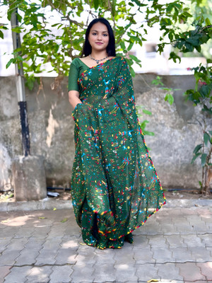 SkyCraftX Printed Kalamkari Georgette Saree(Multicolor)