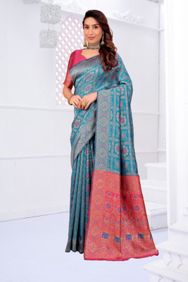 Suali Printed Banarasi Pure Silk Saree(Light Blue)
