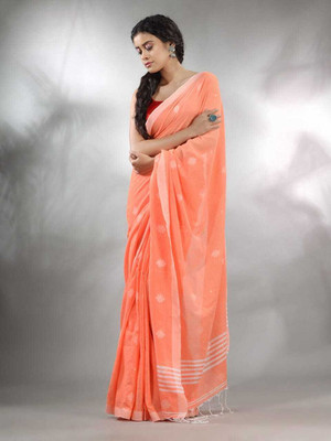 Ghosh handloom Self Design Handloom Pure Cotton Saree(Orange)