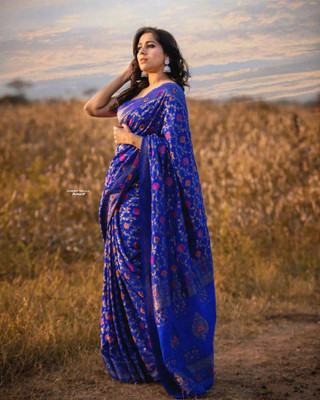 Anahant Creation Self Design Banarasi Silk Blend Saree(Dark Blue)