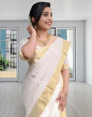 shree laxmi Woven Kasavu Pure Cotton Saree(White)