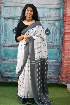 DASTKARPRINT Printed, Color Block, Blocked Printed, Floral Print, Dyed Handloom Pure Cotton Saree(White)