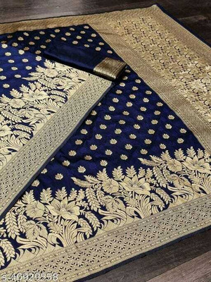 UK WORLDS Woven, Dyed, Solid/Plain Kanjivaram Silk Blend, Jacquard Saree(Dark Blue)