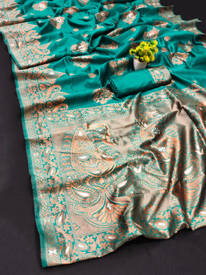 Kanooda Prints Woven Banarasi Silk Blend Saree(Green)