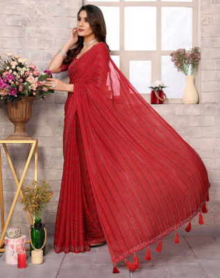 YASHIKA Embellished Bollywood Chiffon Saree(Red)