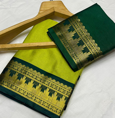 Paramparik Textile Woven Banarasi Cotton Silk Saree(Light Green)