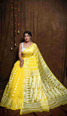 Hiya saree And Punjabi house Embroidered Jamdani Pure Cotton, Cotton Blend Saree(Yellow)