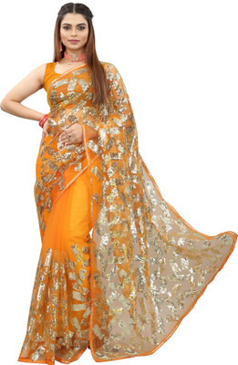 Barkiya Creation Embroidered Bollywood Net Saree(Yellow)