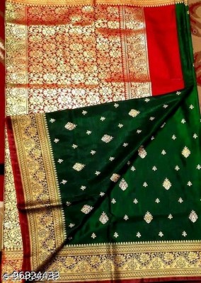 Haniyasarees Embroidered Banarasi Satin Saree(Dark Green)