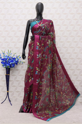 Kjs Floral Print Bollywood Cotton Blend Saree(Multicolor)