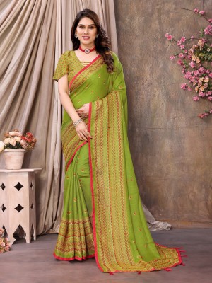 THE URBAN DIVA Printed Bollywood Cotton Jute Saree(Light Green, Dark Green, Red)