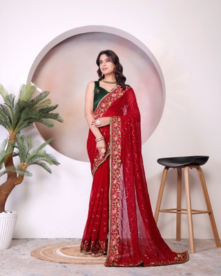 MAHADEV Embroidered Bollywood Georgette Saree(Red)