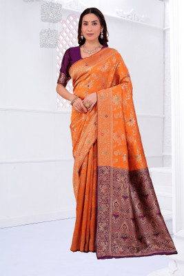 Suali Printed Banarasi Pure Silk Saree(Orange)