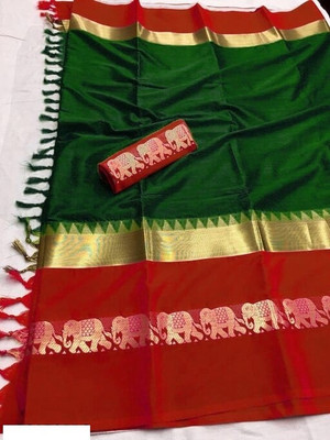 ParshviFashion Woven Dharmavaram Cotton Silk Saree(Dark Green)