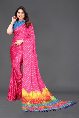 sareya veela Printed, Geometric Print, Embellished Bandhani Silk Blend Saree(Pink)