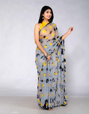 HouseOfCommon Self Design, Solid/Plain, Printed, Woven, Hand Painted Bandhani Chiffon Saree(Grey)