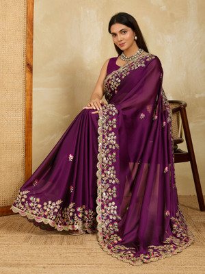 BHAGYAVATI DESIGNER Embroidered, Floral Print, Embellished Bollywood Jimmy choo, Tussar Silk Saree(Purple)