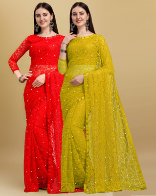LOROFY Self Design Bollywood Net Saree(Pack of 2, Multicolor)