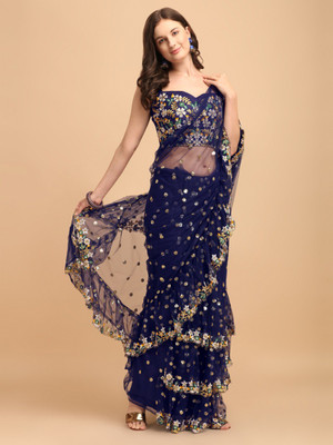 MEKRON Embroidered Bollywood Net Saree(Blue)