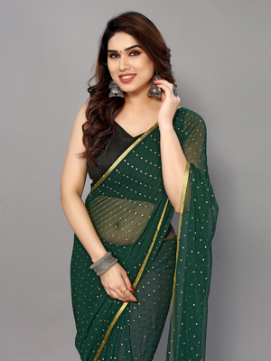 Desi Style Polka Print Daily Wear Net, Chiffon Saree(Dark Green)