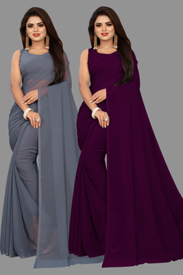 V And V Shop Solid/Plain Bollywood Georgette Saree(Pack of 2, Purple, Grey)