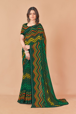 Nandita designer Printed Bandhani Chiffon Saree(Green)