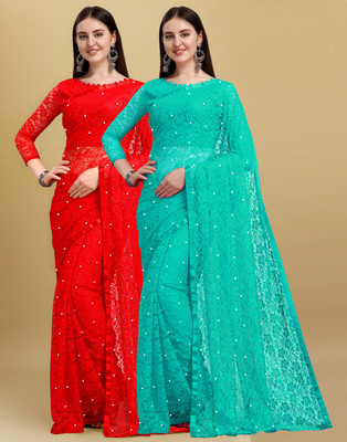 LOROFY Self Design Bollywood Net Saree(Pack of 2, Multicolor)