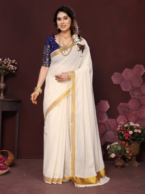 Gugaliya Solid/Plain Kasavu Pure Cotton Saree(Multicolor)