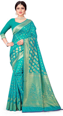 TRINITI FAB Woven Kanjivaram Silk Blend Saree(Light Blue)