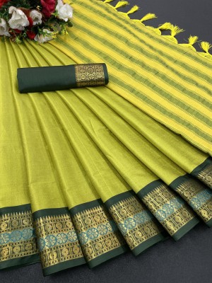 WOVEN STOCK Printed, Temple Border, Woven, Embellished, Solid/Plain Banarasi Art Silk, Cotton Silk Saree(Yellow, Green)