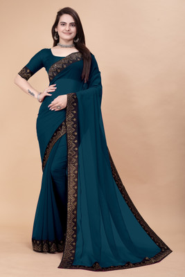 SARANGFEB Embellished, Solid/Plain, Self Design Bollywood Georgette, Jacquard Saree(Dark Blue)